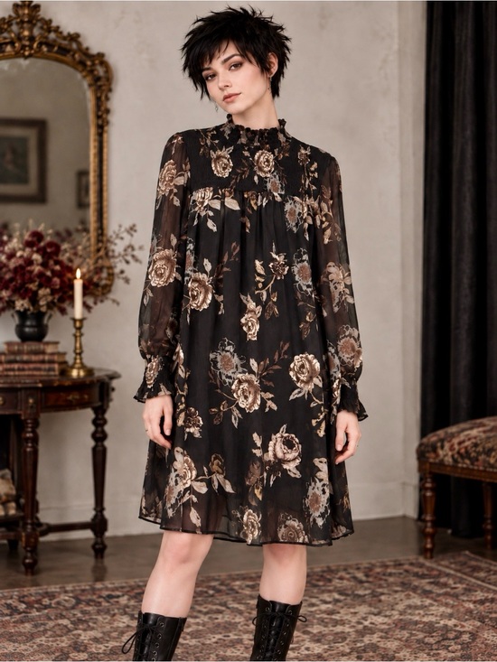 Ophelia Roe Dresses & Skirts - Whimsigoth Floral Dress Black Sheer Sleeve Smocked Dark Romantic XL